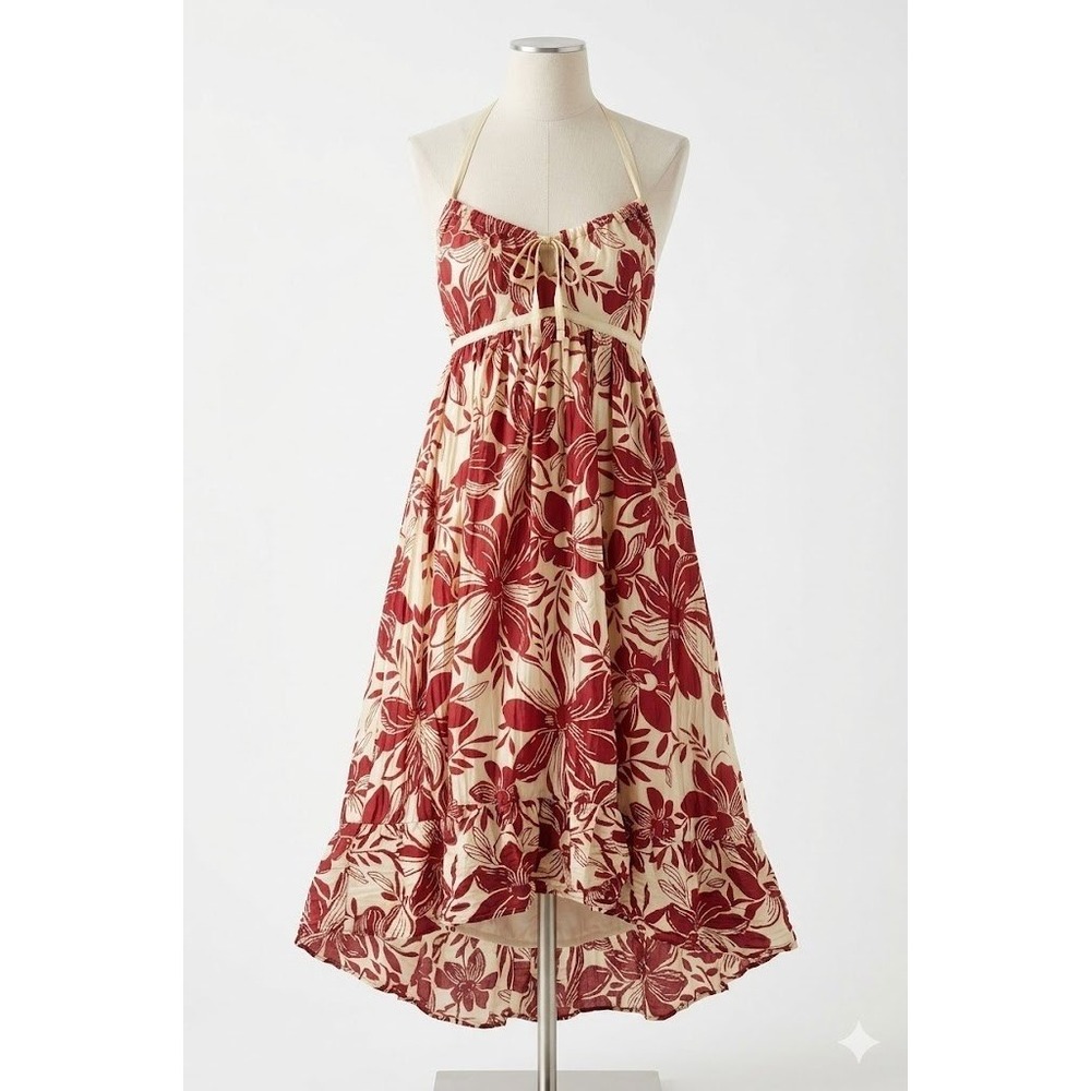 NWT Banana Republic 100% Silk Floral Halter Dress Red‎ Cream Y2K Vintage OP